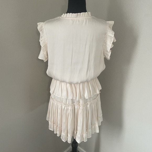 RESET BY JANE Sz L Claire Ruffle Tiered Mini Dress Satin Tie Neck Champagne Boho - Picture 7 of 9